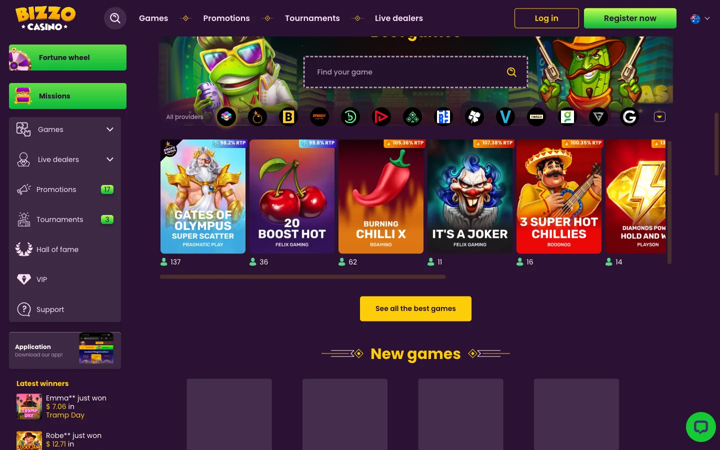 Bizzo Casino games lobby for Australian players showing the best games row and the provider filter strip
