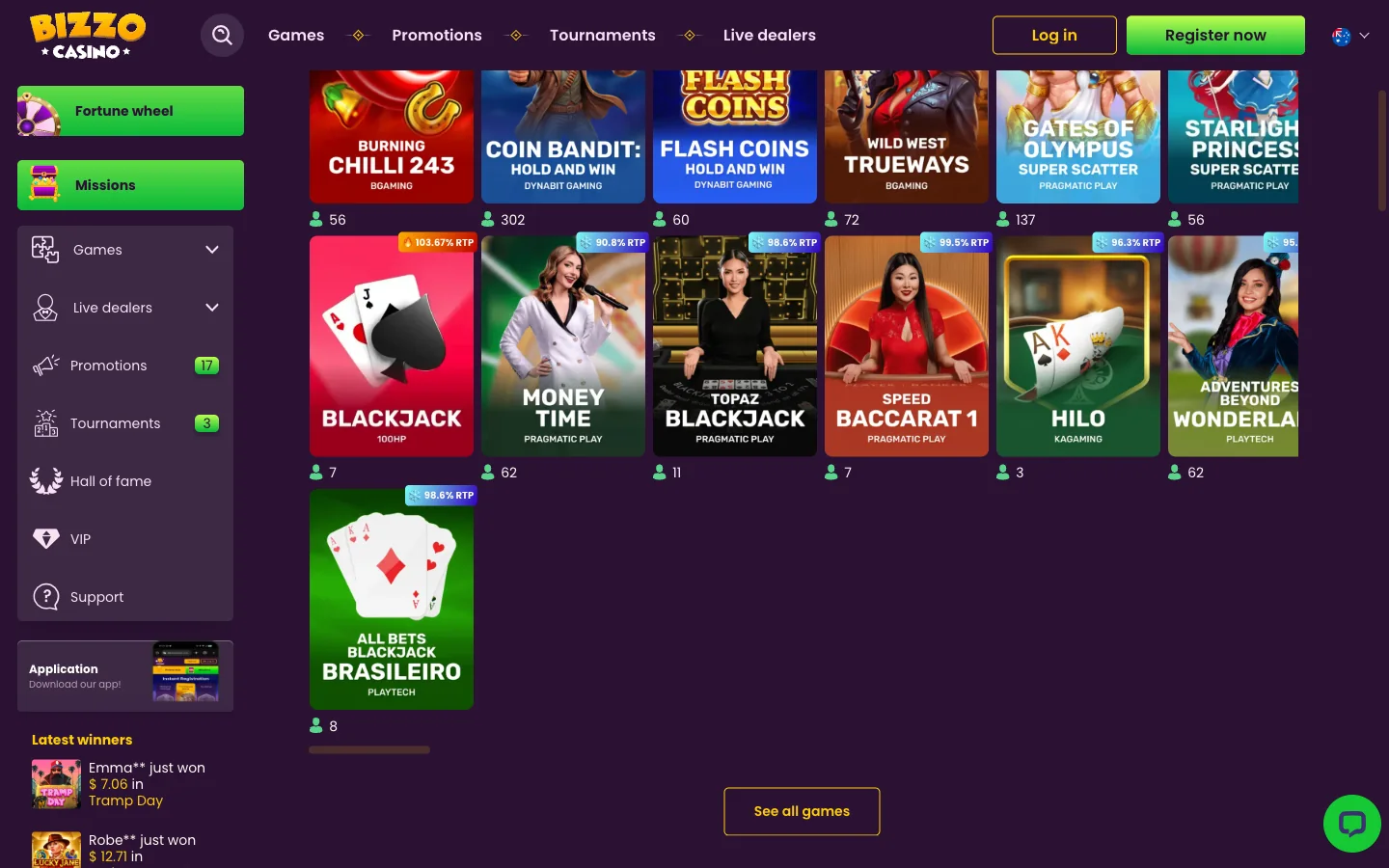 Bizzo Casino pokies lobby for Australian players with percentage payout badges printed on each game tile